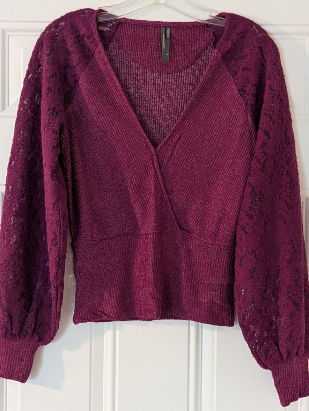 Anthropologie Lace Sleeve Sweater Top | Magenta/Fuchsia | XS